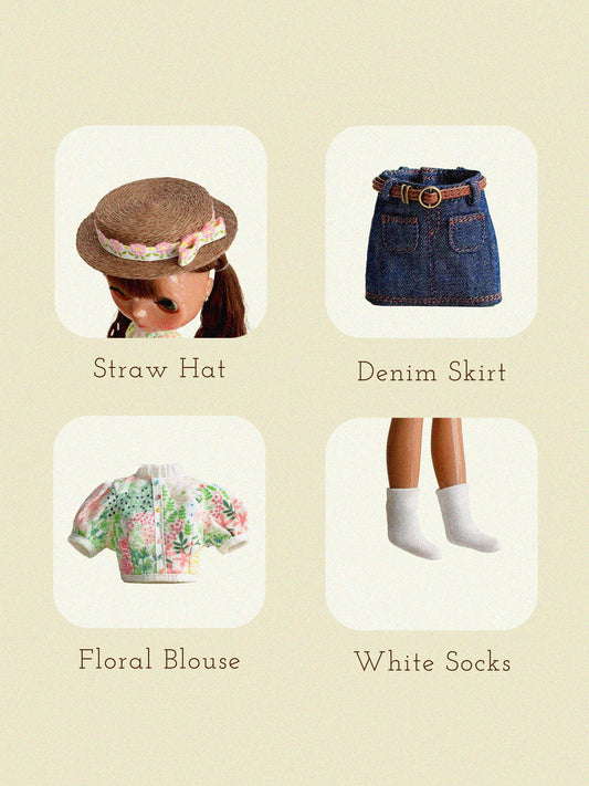 Blythe Doll Size Floral Top & Denim Skirt Set