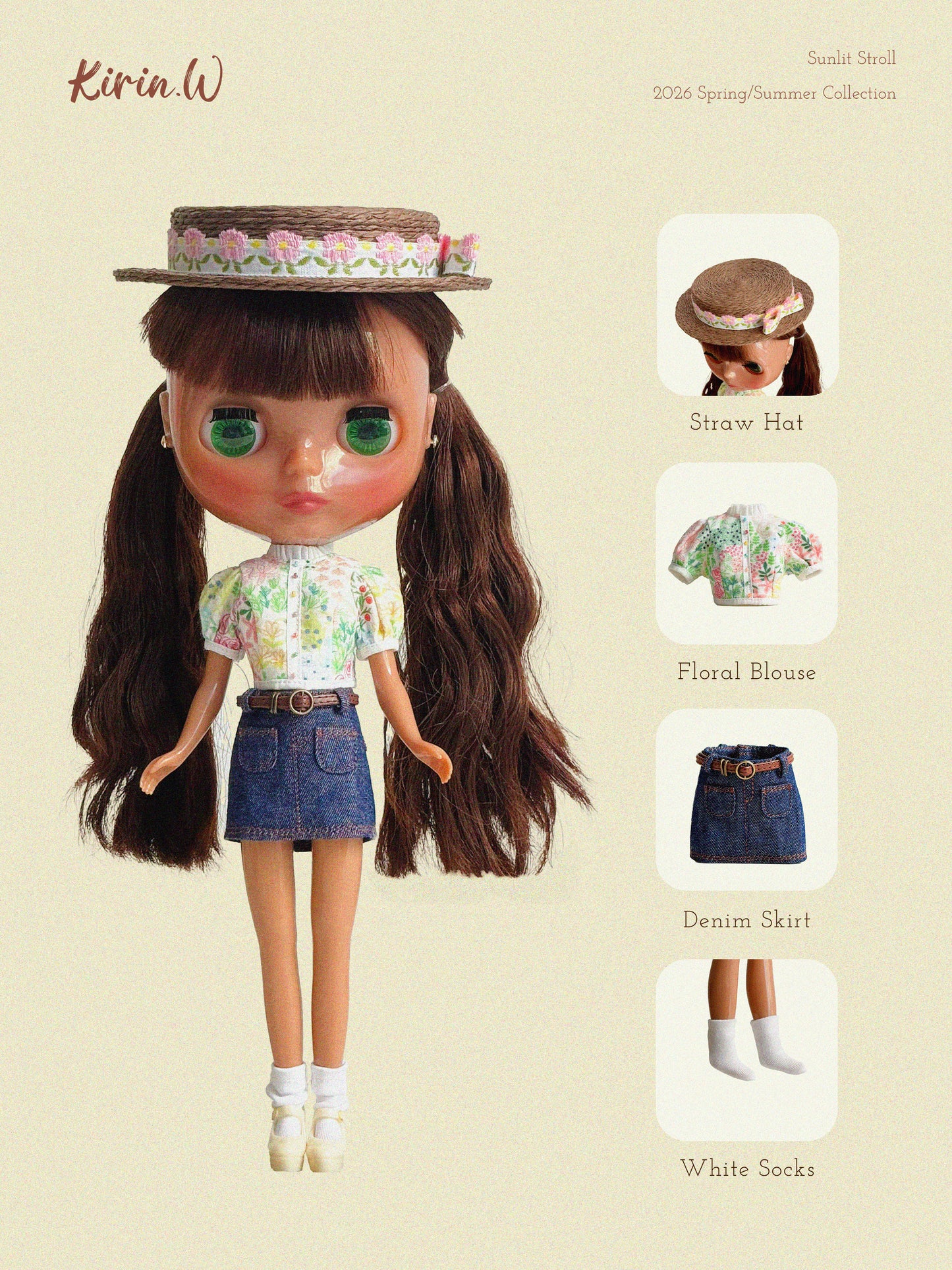 Blythe Doll Size Floral Top & Denim Skirt Set