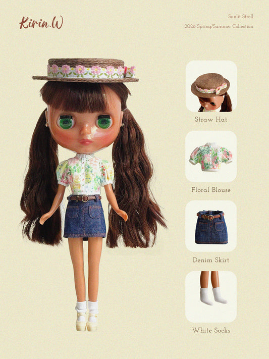 Blythe Doll Size Floral Top & Denim Skirt Set