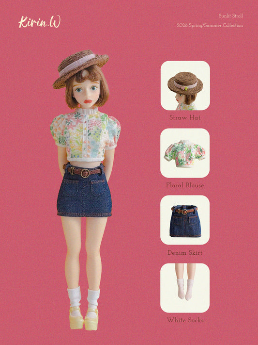 Cherry Doll Size Floral Top & Denim Skirt Set